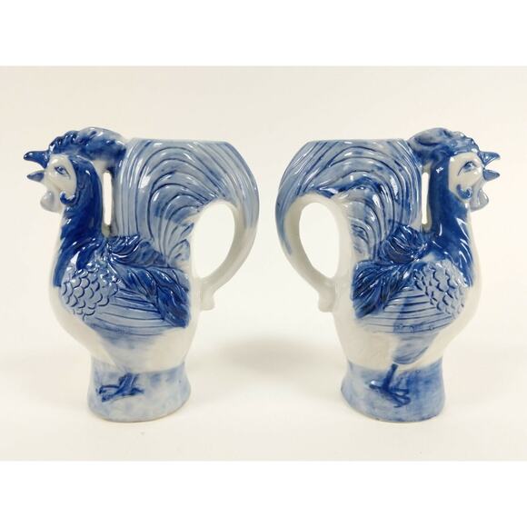 Blue and White Porcelain Rooster Pitcher Style Bud Vases - set of 2, Unmarked - Picture 2 of 6